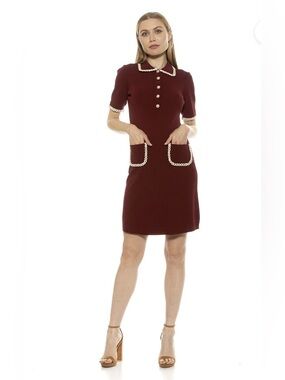 Alexia Admor Burgundy Piper Short Sleeve Shift Dress Braided Metallic Piping